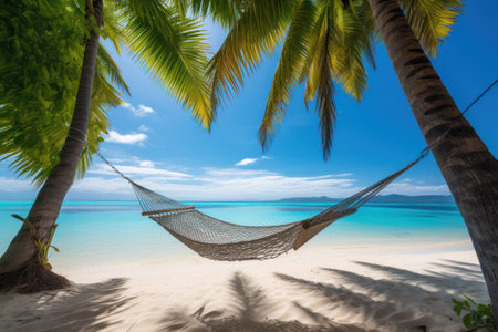 Hammock on tropical beach with coconut palm tree at Seychelles generative aiの素材