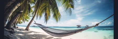 Hammock on a tropical beach. Panoramic banner. generative aiの素材