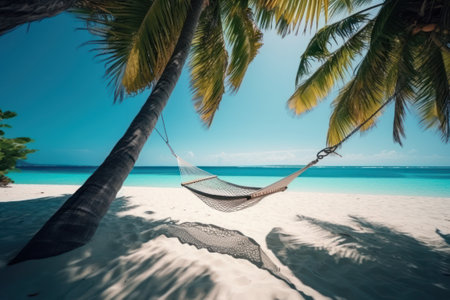Hammock on a tropical beach with palm trees and turquoise water generative aiの素材