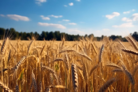 golden wheat field on blue sky background, shallow depth of field generative aiの素材