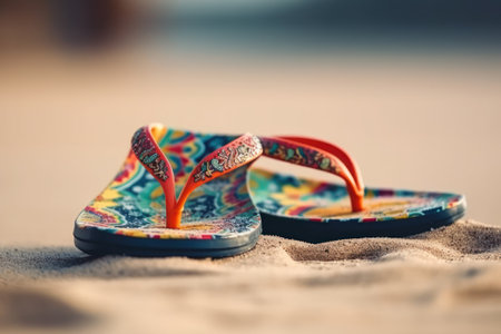 Flip-flops on the sand. Selective focus. generative aiの素材