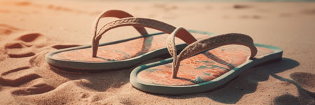 Flip flops on the beach. Summer concept. Vintage tone. generative aiの素材