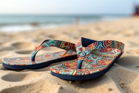 Pair of colorful flip flops on the beach. Selective focus. generative aiの素材