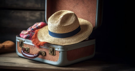 Vintage suitcase with straw hat on wooden background. Travel concept. generative aiの素材