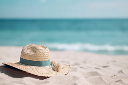 Summer hat on the beach with sea and sky background. Vacation concept generative aiの素材