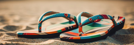 Colorful flip flops on the sand. Summer holiday concept. generative aiの素材