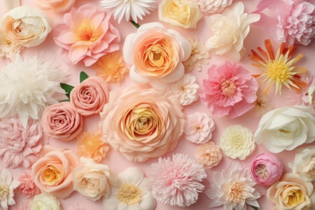 Beautiful flowers on pink background, top view. Space for text generative aiの素材