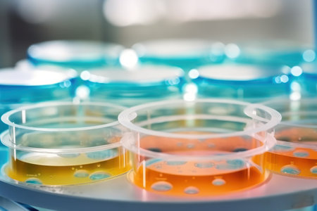 Petri dishes with colorful liquid in petri dish in laboratory. generative aiの素材