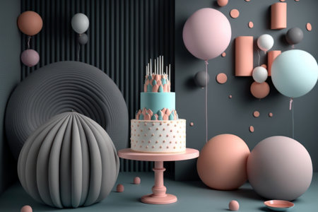 3d rendering of sweet cake with candles and balls on grey background generative aiの素材