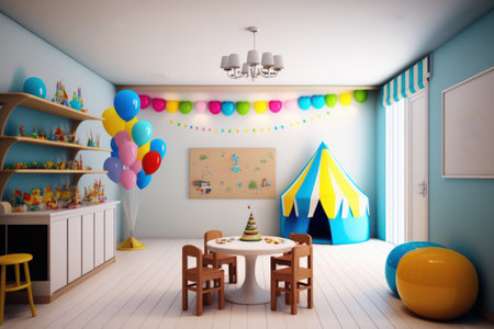 Interior of a children's room with a table, chairs and balloons. 3d rendering generative aiの素材