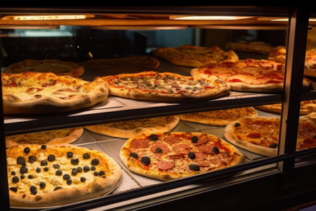 Freshly baked pizza in the oven in a pizzeria. Restaurant generative aiの素材