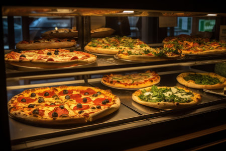 Pizza in a shop window at night time. Selective focus. generative aiの素材
