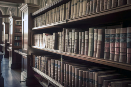 Old bookshelves in the library. Toned image. Selective focus. generative aiの素材