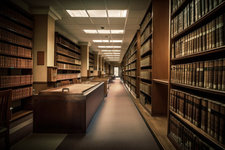 Library interior with bookshelves and tables. Filtered image. generative aiの素材
