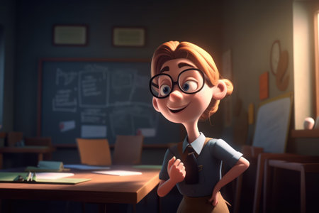 Cute schoolgirl in glasses standing in classroom. Education concept. generative aiの素材