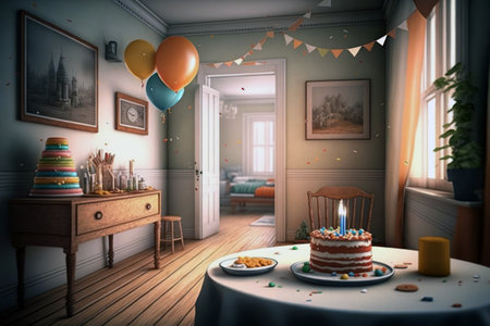 Birthday cake with candles and balloons in the room. 3D rendering. generative aiの素材
