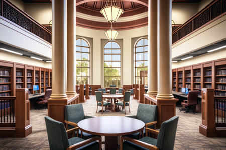 Interior of a public library with a round table and chairs. 3d rendering generative aiの素材