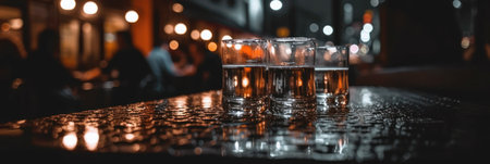 Glasses of beer on a bar counter in a night club. generative aiの素材