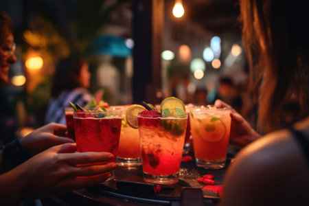 Group of friends having a cocktail at the bar in the night club generative aiの素材
