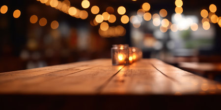 Empty wooden table in a bar with bokeh lights background. generative aiの素材