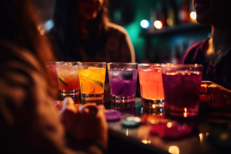 Cocktails on bar counter in night club. Selective focus generative aiの素材