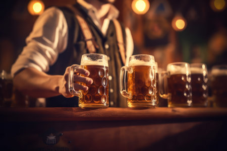 Bartender is pouring beer into glasses at bar counter in pub generative aiの素材