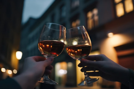 Two glasses of red and white wine in the city at night. generative aiの素材