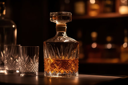 Glass decanter with brandy on bar counter in night club generative aiの素材