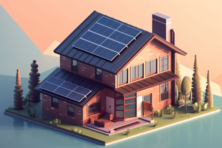 A modern house equipped with solar panels on its roof, representing a sustainable and eco-friendly lifestyleの素材