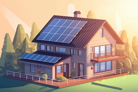 A modern house equipped with solar panels on its roof, representing a sustainable and eco-friendly lifestyleの素材