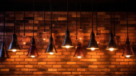 Hanging lamps on brick wall with copy space for text or design generative aiの素材