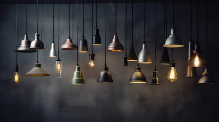 Vintage light bulbs hanging on a dark wall. 3d rendering generative aiの素材