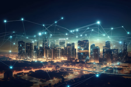 Modern cityscape and network connection concept. 3d rendering double exposure generative aiの素材