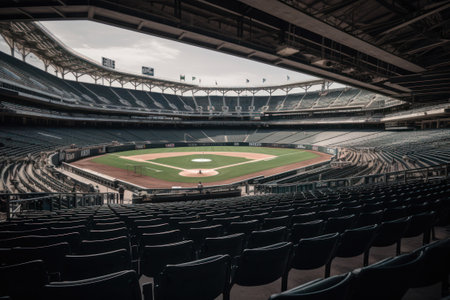 Baseball stadium with bleachers and seats, vintage toned. generative aiの素材