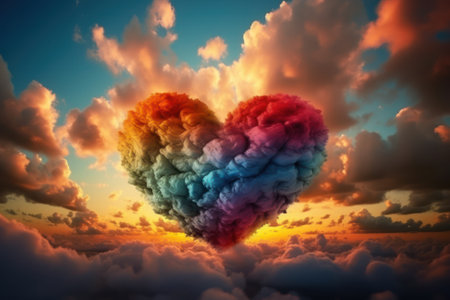 Heart shaped cloud on sunset background. 3d illustration. Concept of loveの素材