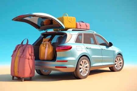 A car is packed with luggage, signaling the beginning of a seaside vacation, generative AI illustrationの素材