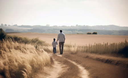 Father and son walking in the field at sunset. Concept of friendly family. generative ai illustrationの素材