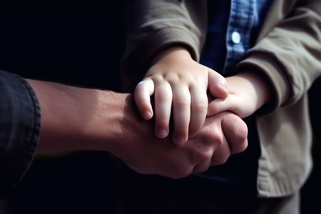 Close-up of hands of father and son holding hands on dark background generative ai illustrationの素材