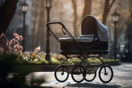 Baby stroller in the park on a background of spring trees. generative ai illustrationの素材