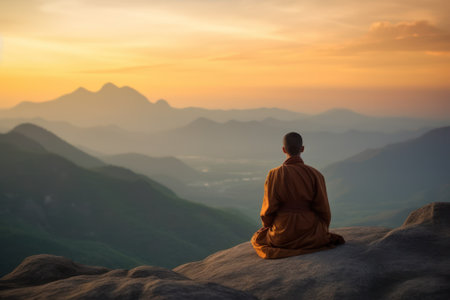 Buddhist monk sitting on top of mountain and looking at sunrise generative aiの素材