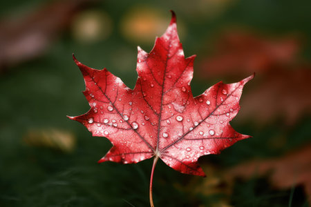 Autumn maple leaf with water drops on it. Autumn background. generative aiの素材