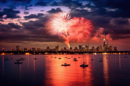 Colorful fireworks in the sky over the lake and cityscape. generative aiの素材