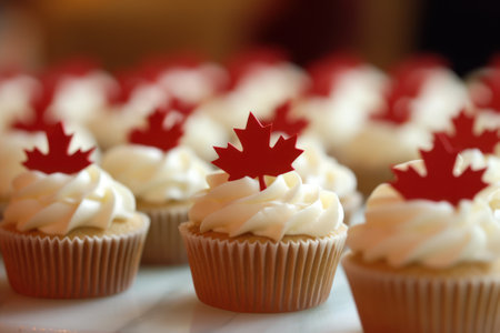 Cupcakes with red maple leaf on top, shallow depth of field generative aiの素材