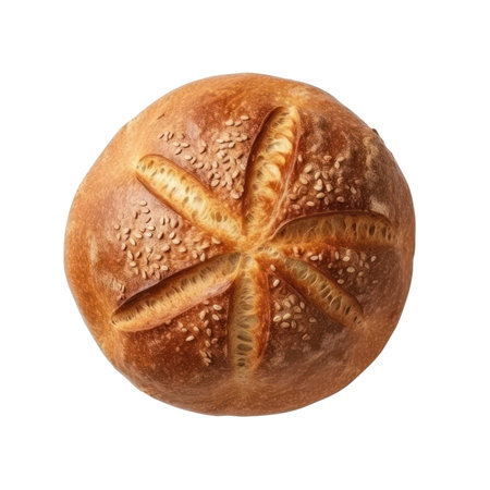 Round bread loaf isolated on transparent background, from above. Generative AIの素材