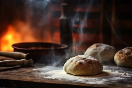 Bread preparation, hands kneading dough on table, Generative AIの素材