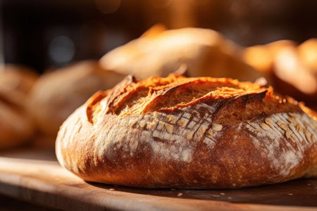 Bread loaves close up view. Fresh baked bread, traditional bakery on background. Generative AIの素材