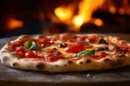 Fresh baked pizza closeup, traditional wood oven background. Generative AIの素材