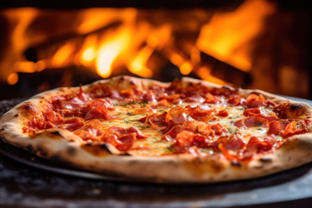 Fresh baked pizza closeup, traditional wood oven background. Generative AIの素材