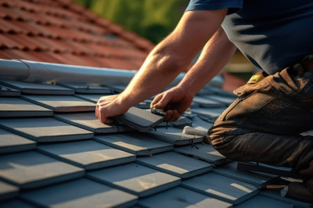 Construction worker hands working on a roof tiles installation closeup. Generative AIの素材