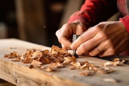 Closeup of carpenter hands at a workshop, measuring the wood. Generative AIの素材